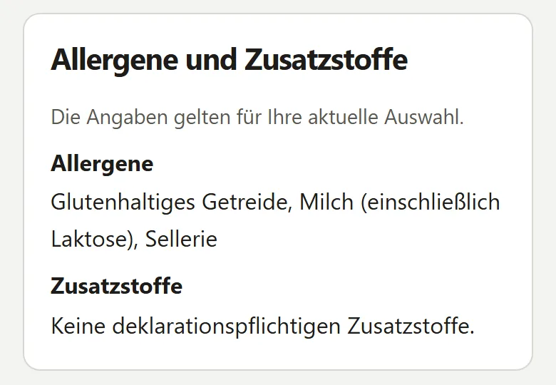 Ausschnitt der echten Bestellseite: Allergene und Zusatzstoffe für die aktuelle Auswahl