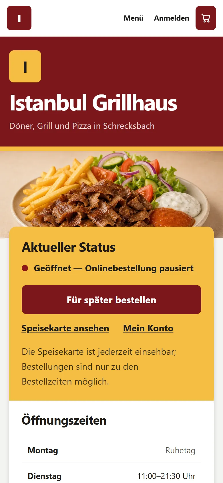 Startseite einer Bestellseite: Status ‚Geöffnet – Onlinebestellung pausiert‘, Knopf ‚Für später bestellen‘ und Öffnungszeiten