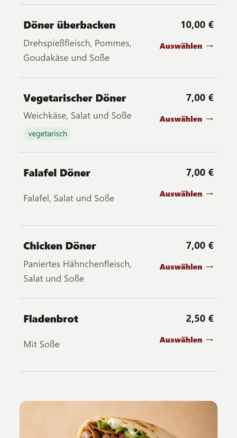 Bestellseite eines Grillhauses auf dem Handy: Speisekarte mit Döner-Gerichten, Preisen und Auswählen-Knöpfen